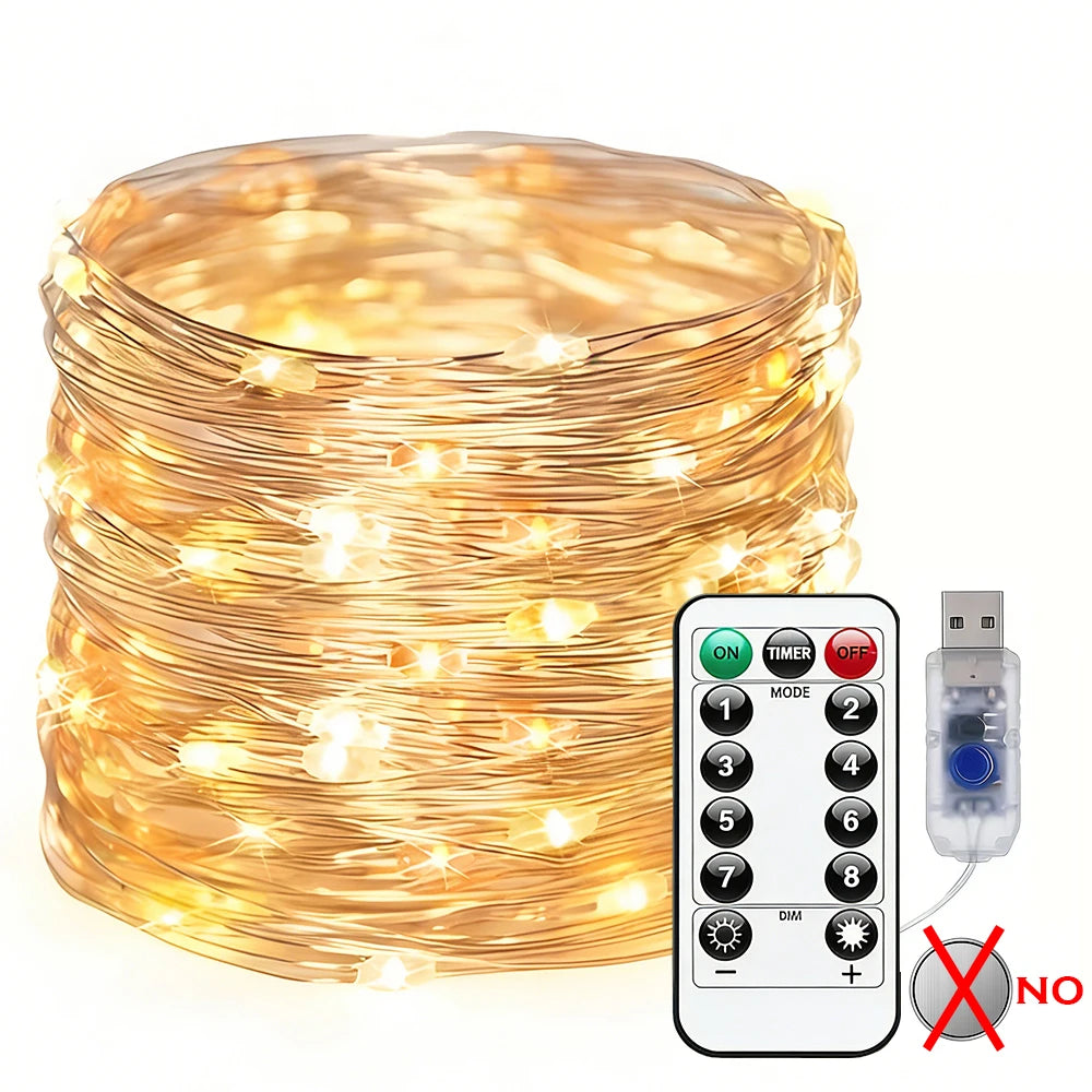 USB Copper Wire LED String Lights | 8 Modes, Remote & Timer