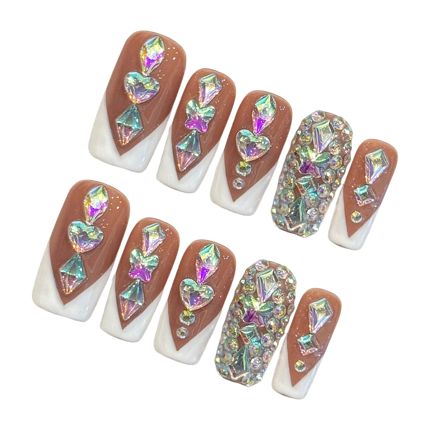 Coffin Press On Nails – Brown Rhinestone French Tips | 10pcs