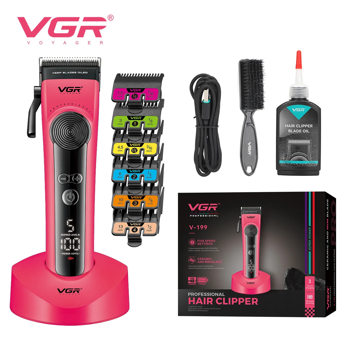 VGR new electric hair clipper men's high-end hair clipper 8000 RPM multi gear adjustable hair trimmer with base push shear V-199 Peaceful Pleasures Health and Wellness