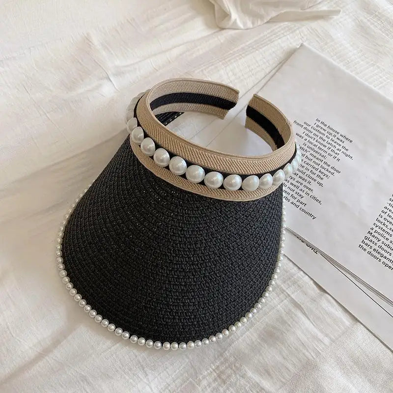 Women's Wide Brim Pearl Straw Sun Hat – Elegant Beach Cap