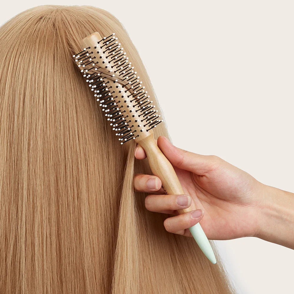 Natural Wood Round Curling Brush – Anti-Static Nylon Bristles