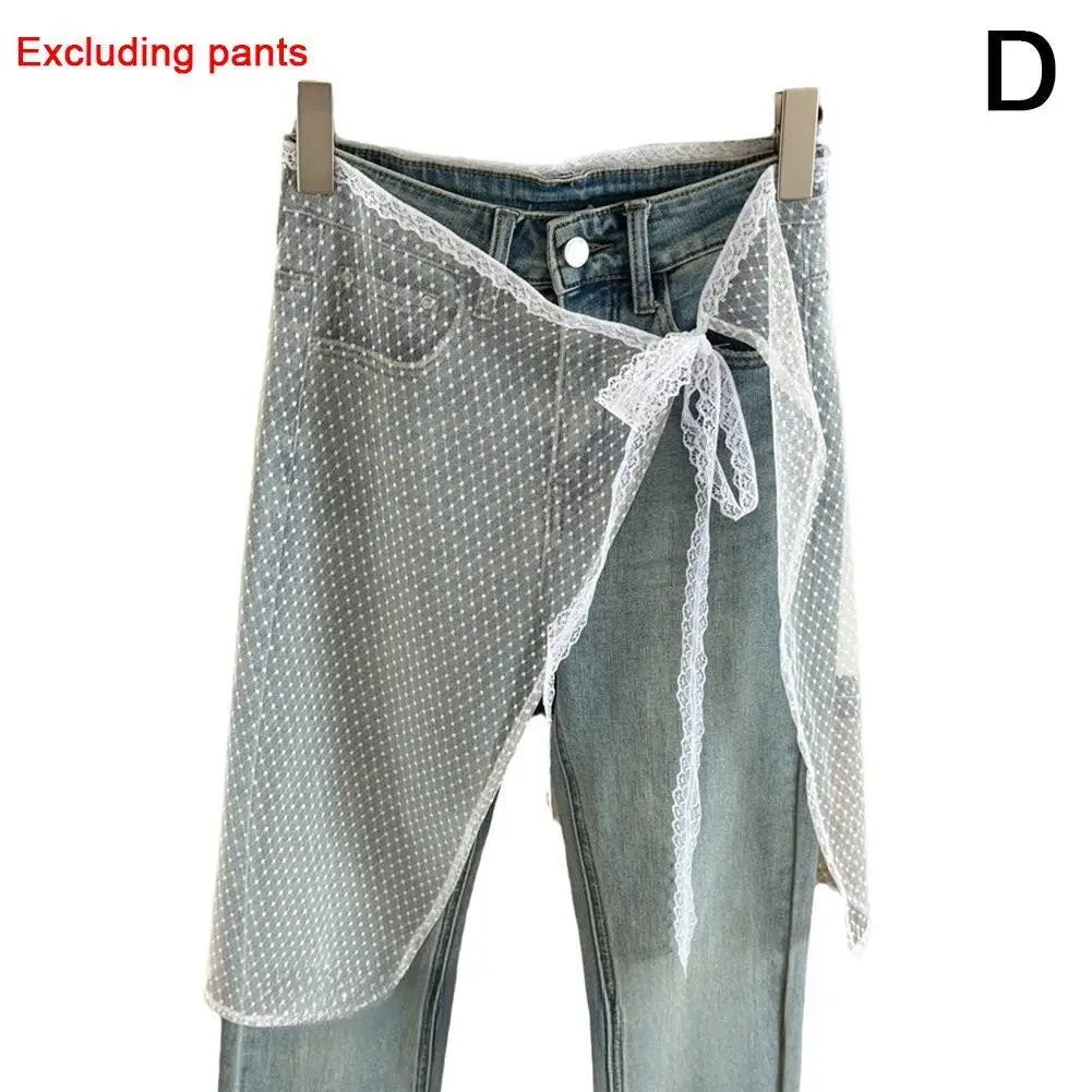 Blogger Lace Layered Gauze Skirt With Tie Up Spicy Girl Stacked Skirt INS Streetwear Apron Wrap Skirt Lace Up Matching Pants Peaceful Pleasures Health and Wellness D One Size