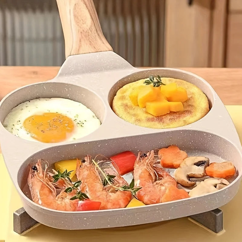 1pc 7.5" Multi-Section Non-Stick Aluminum Skillet with Rust-Resistant Handle, 3-Compartment Egg Pancake Pan for Kitchen Cookware Peaceful Pleasures Health and Wellness