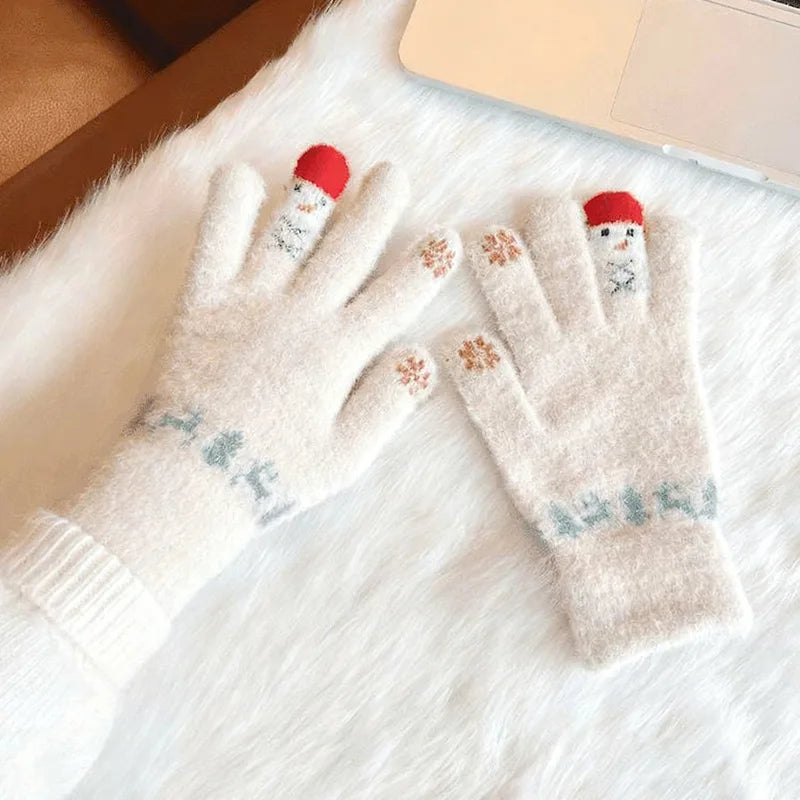 Winter Women Knit Gloves Cute Snowman Touch Screen Thick Warm Windproof Cold Proof Five Fingers Gloves Outdoor Full Finger Mitts Peaceful Pleasures Health and Wellness white