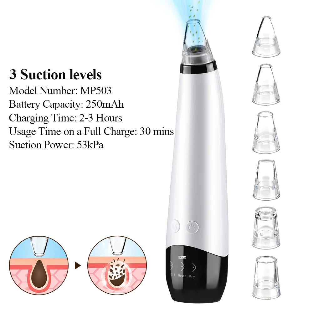 Blackhead Remover Facial Pore Cleaner 3 Suction Power Electric Pimple Acne Extractor Tool Face & Nose Whiteheads Vacuum Removal Peaceful Pleasures Health and Wellness Type 2 - 3 Suction