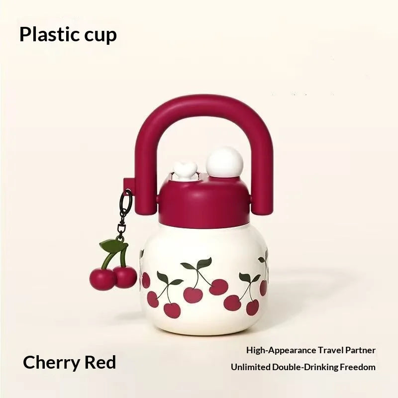 New Cute Water Bottle with Decoration, Dual Straws Design, Anti-Lipstick Stain, Detachable Travel Strap Durable Plastic Material Peaceful Pleasures Health and Wellness red cherry 800ML