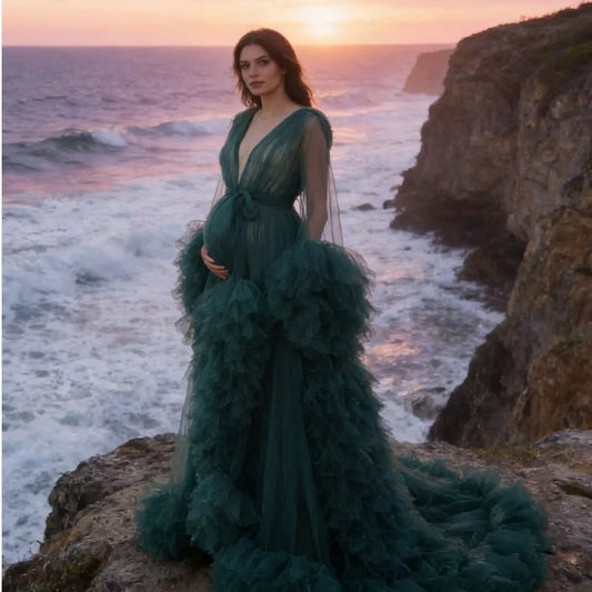 Photoshoot-Ready Tulle Maternity Gown - Puffy Ruffles, Bridal Style, Long Lingerie Dressing Robe for Pregnancy Peaceful Pleasures Health and Wellness