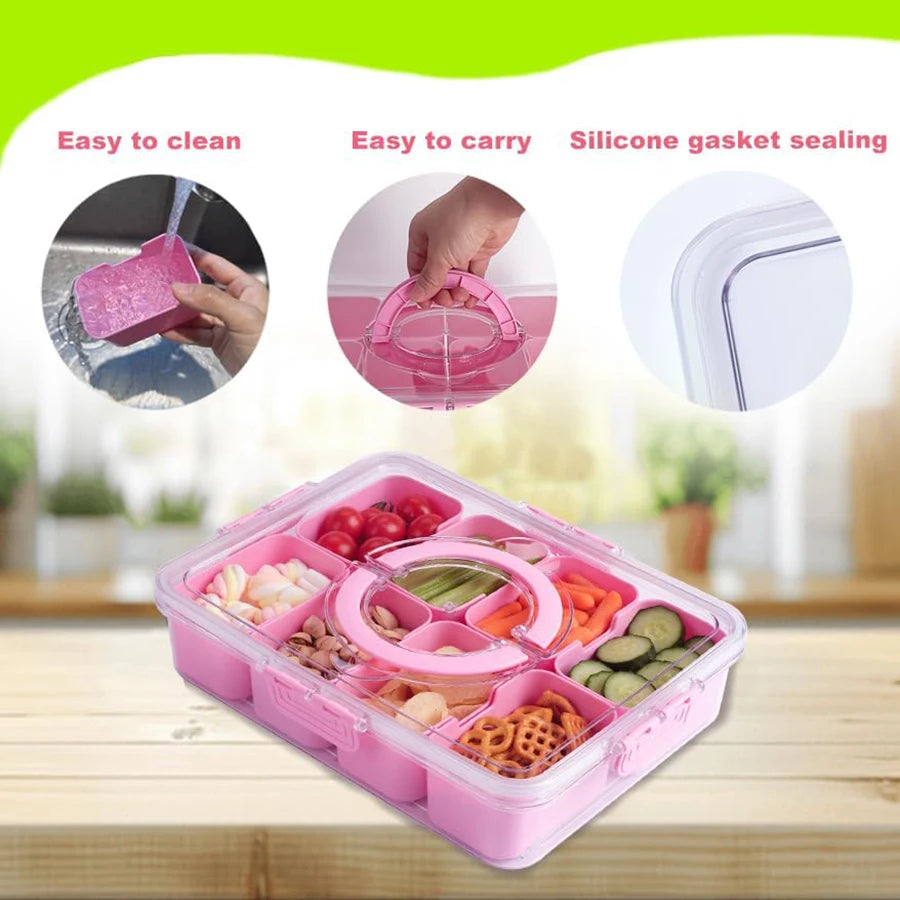 Snackle Box Container – 8-Compartment Divided Serving Tray with Lid & Handle for Candy, Fruit & Snacks