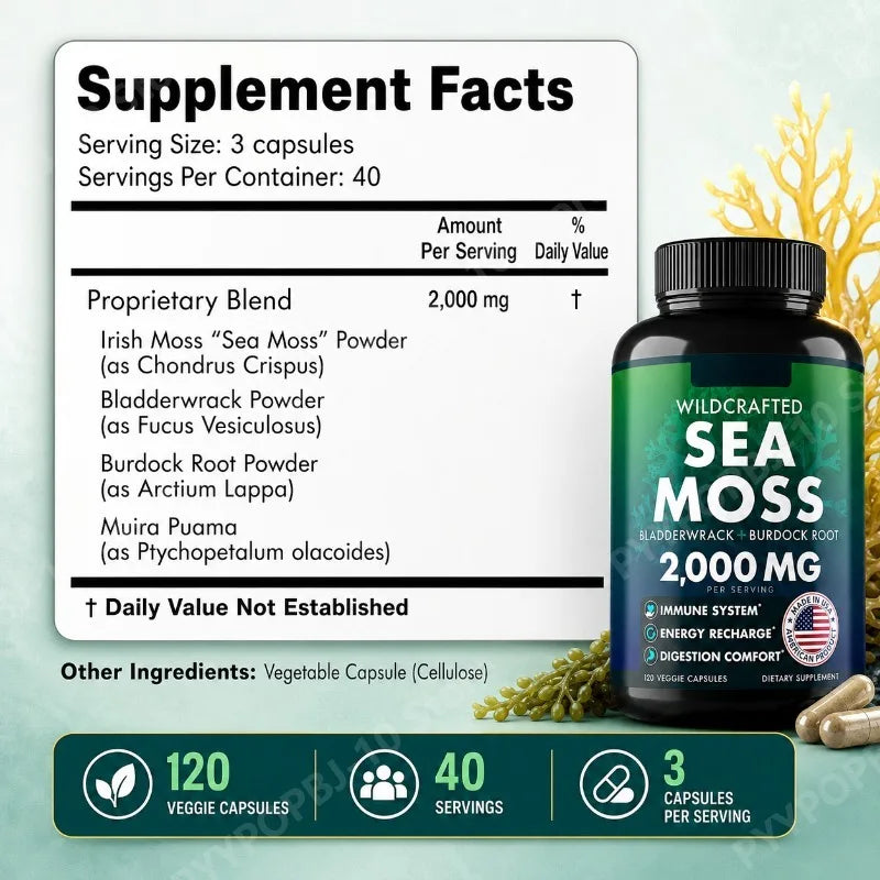 Wildcrafted Sea Moss Capsules | Bladderwrack & Burdock 2000mg