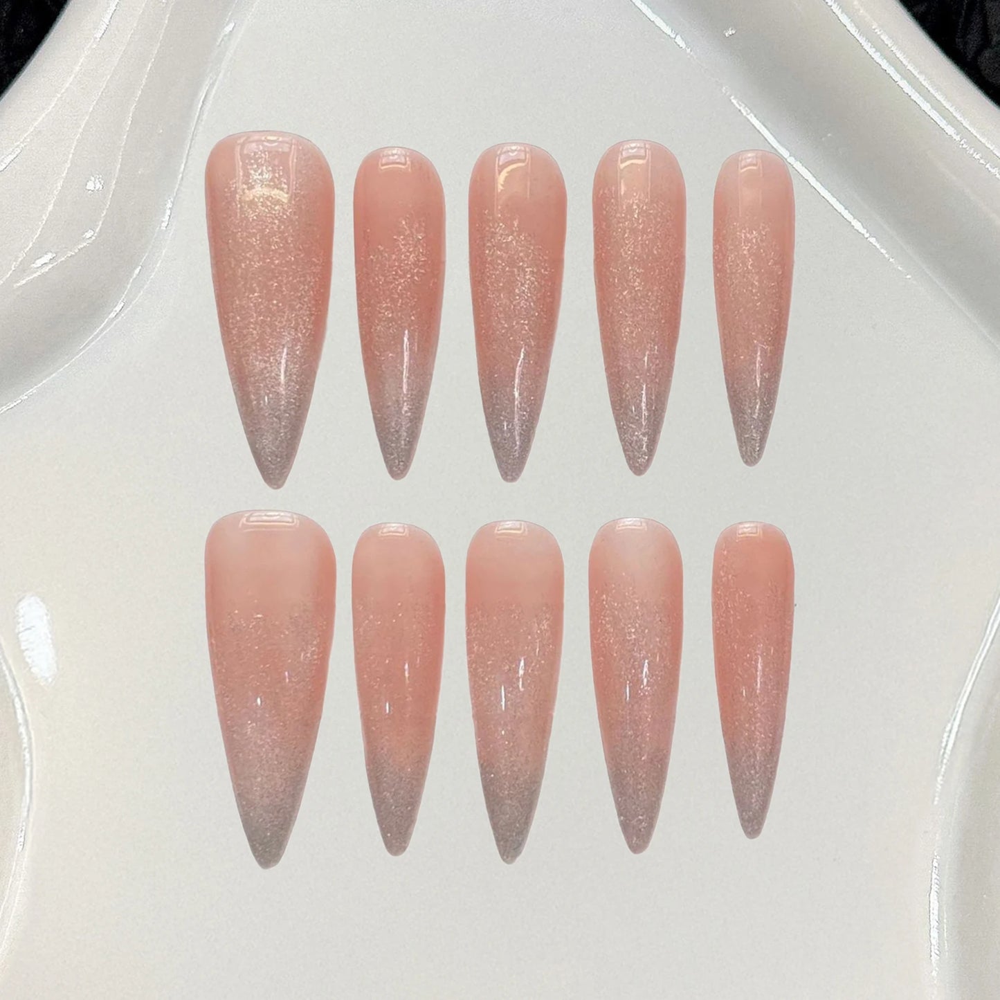 Handmade Press On Nails Long Almond Cat's Eye Blush Gradient