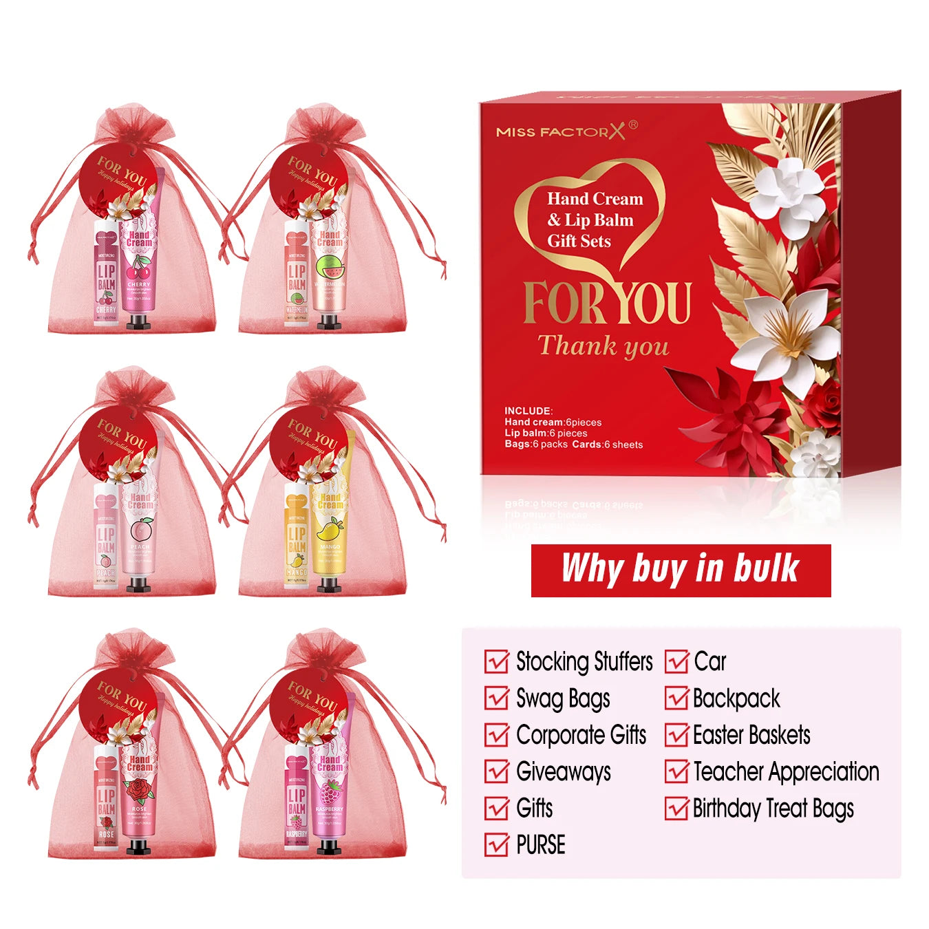 24PCS/box lip balm in bulk, hand cream in bulk thank you card and red gauze bag, wedding gift to guests, Christmas and New Year Peaceful Pleasures Health and Wellness
