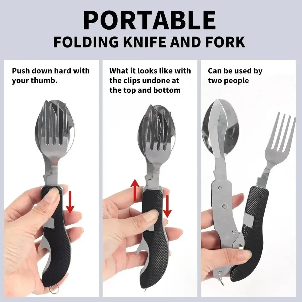 Foldable Camping Cutlery Set – Stainless Steel Flatware & Opener