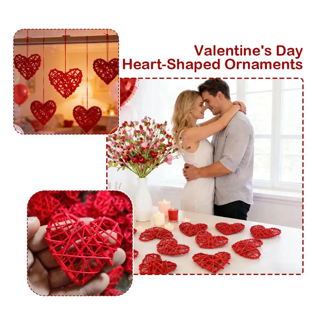 10pcs Red Rattan Heart Ornaments – Rustic Handcrafted Decor