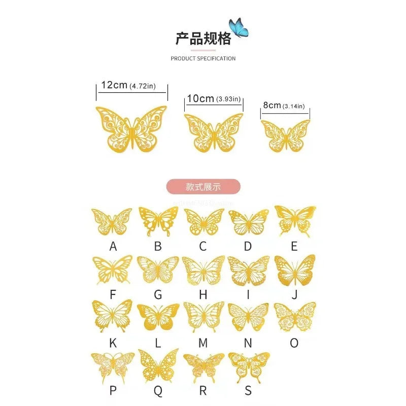 12pcs 3D Hollow Layered Butterfly Wall Sticker Gold Decorative Butterfly Home Decor Fridge DIY Party Wedding Sticker 3D Stickers Peaceful Pleasures Health and Wellness