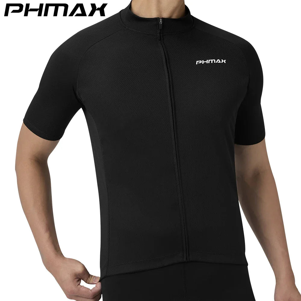 PHMAX Men's Black Cycling Jersey – Short Sleeve, UV Protection