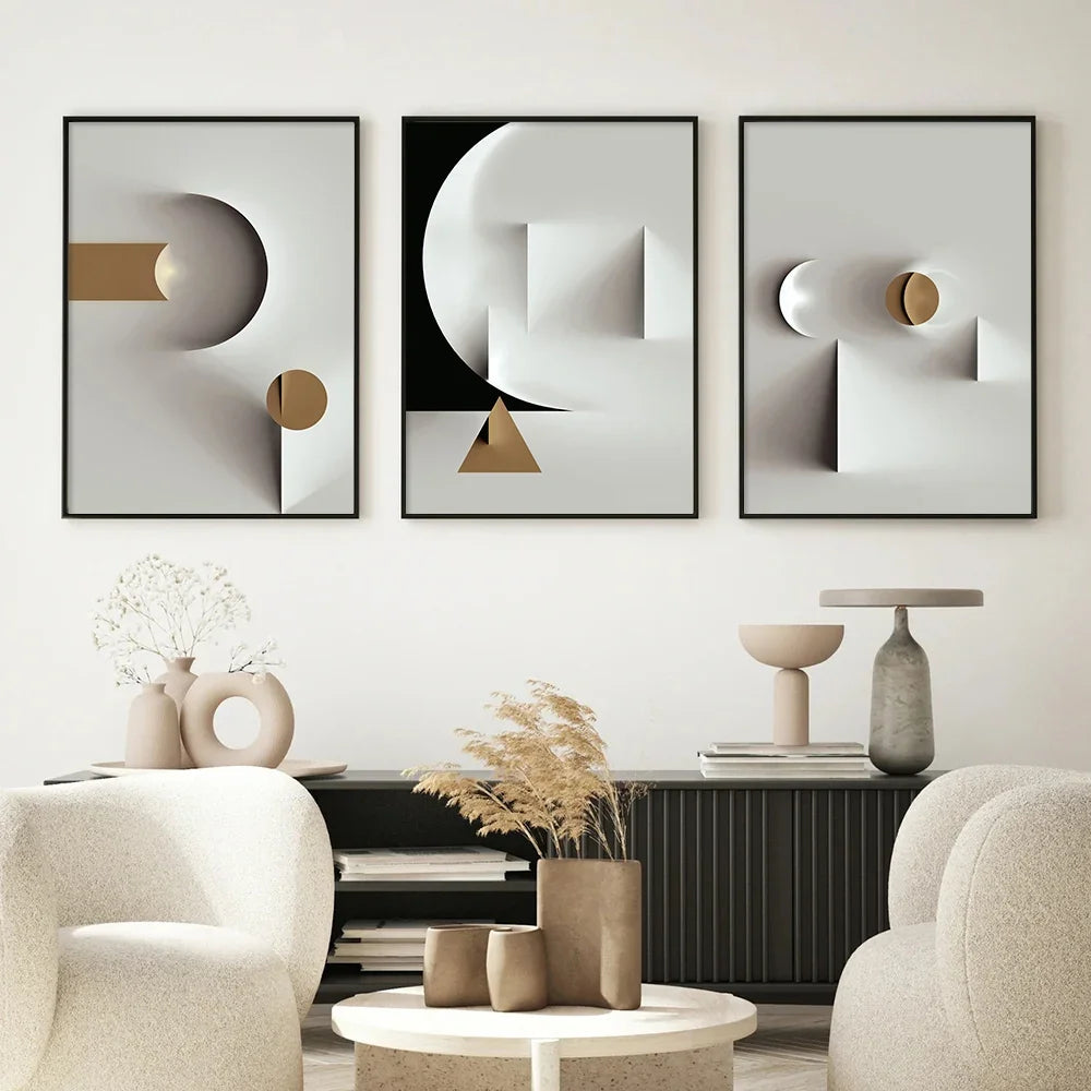 Modern Minimalist Wall Art Geometric Black White Lines Gold High Definition Painting Poster Print Home Bedroom Living Room Decor Peaceful Pleasures Health and Wellness 3PCS 50x70cm Unframed