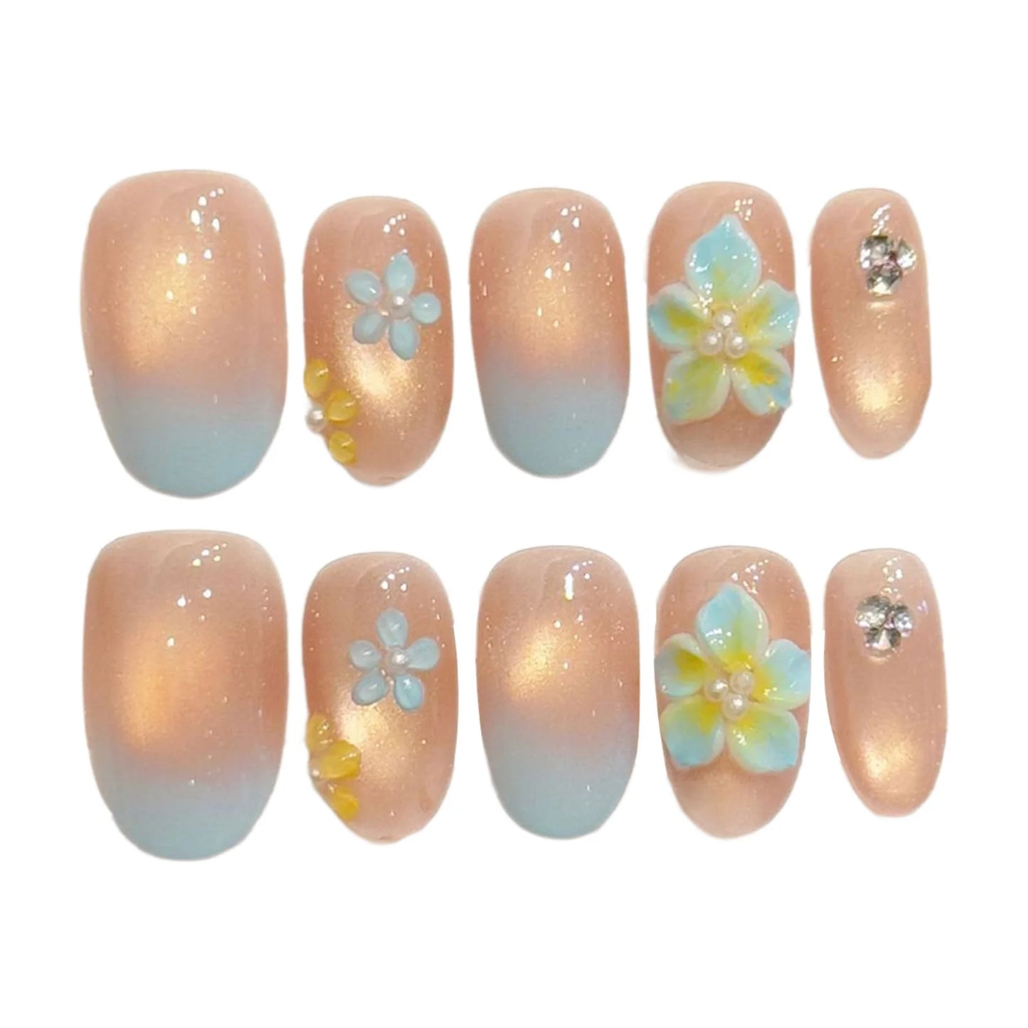 10pcs 3D Embossed Floral Handmade Press On Nails Gradient Blue Fake Nails With Cat's Eye Decor Wearable Oval Almond False Nails Peaceful Pleasures Health and Wellness