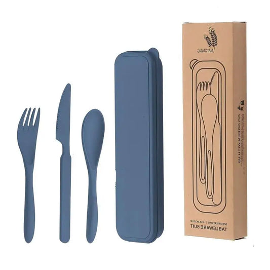 Wheat Straw Fork, Knife, Spoon Three-Piece Convenient Cutlery Set - Children's Tableware Gift Peaceful Pleasures Health and Wellness dark blue