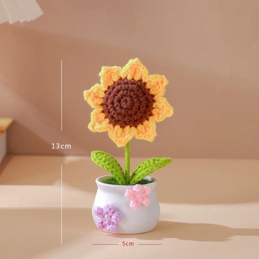 Mini Handmade Crochet Flowers Sunflower Tuilp Flowers Birthday Gift Knitted Flower Pot Decor Desktop Woven Graduation Gift Peaceful Pleasures Health and Wellness Sunflower 1