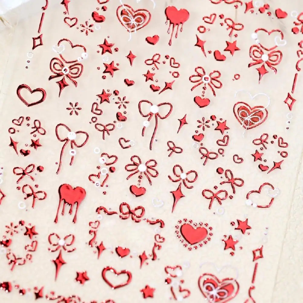 Heart Bow Nail Stickers – Gold Foil Rose Embossed DIY Nail Art