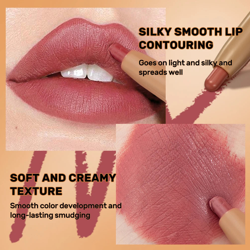 QIBEST Double Head Lip Liner&Brush Pen Mist Matte Velvet Contour Tint Lipstick Pencil Long Lasting Nude Brown Natural Lip Makeup Peaceful Pleasures Health and Wellness