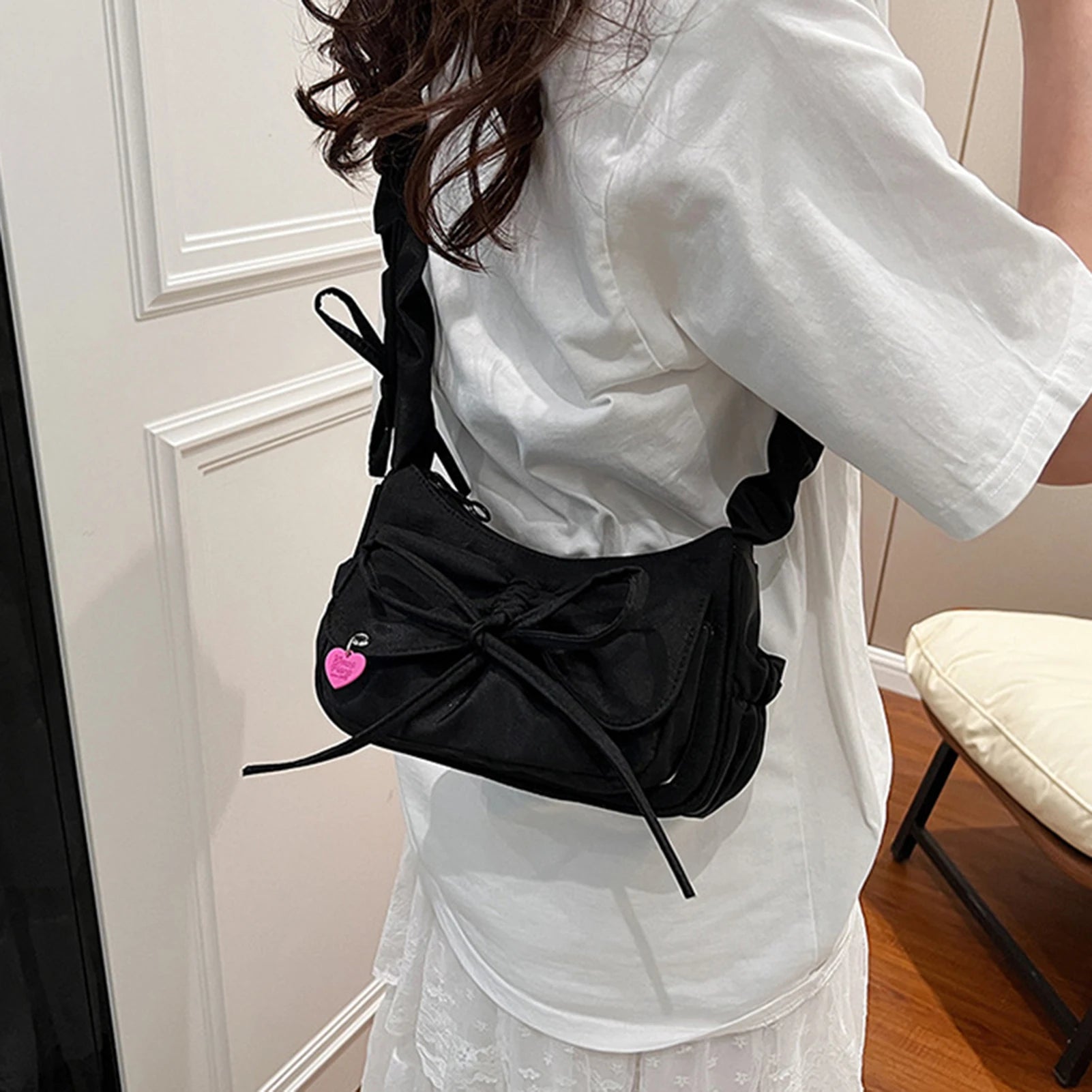 1Pcs/lot Black Bow Casual Shoulder Bags for Women Korean Style Washed Denim Summer Handbag Exquisite Gift for Ladies Birthday Peaceful Pleasures Health and Wellness