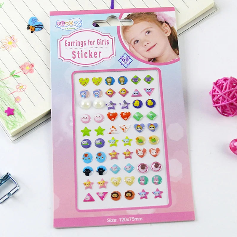 3D Self Adhesive Sticker Earrings Girls Cartoon Geometry Animal
