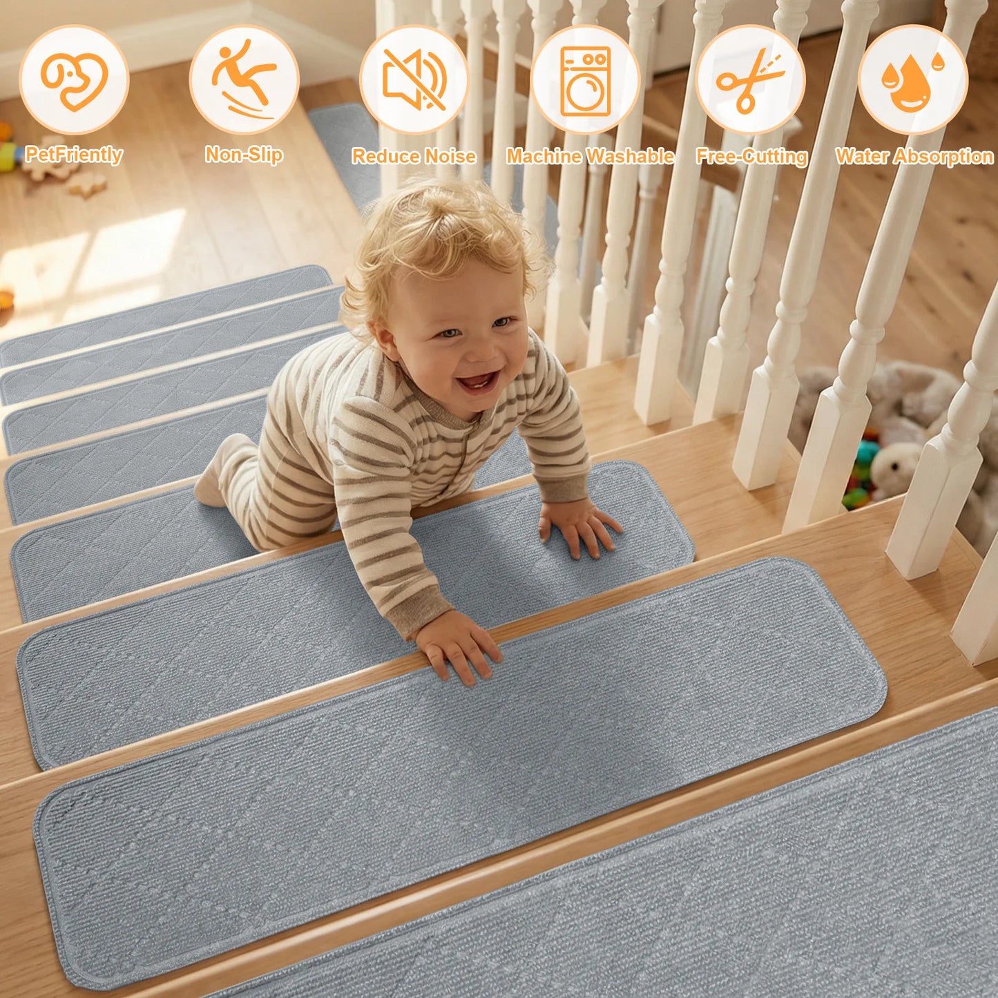 Non-Slip Self-adhesive Edging Stair Treads Indoor Soft Safety Stair Runners TPE Backing for Home Wooden Steps Kids Dogs Pads Peaceful Pleasures Health and Wellness Light Grey 76x20x0.5cm 8pc