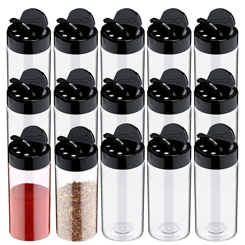 16pcs Spice Jars with Shaker Lids Labels Plastic Clear Seasoning Bottle for Herbs Powders Salt Pepper BBQ Condiment Box Peaceful Pleasures Health and Wellness 16pcs