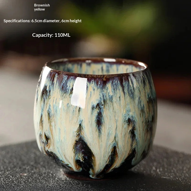New Ceramic Kung Fu Tea Set with Kiln Transformation, Single Cup Tianmu Glaze, Main Tea Tasting Cup, Egg Shaped Small Tea Bowl Peaceful Pleasures Health and Wellness 04 110ML