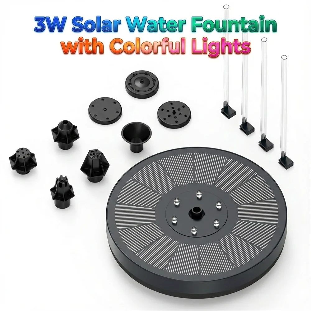 3W Solar Water Fountain – 7 Nozzles & Colorful LED Lights