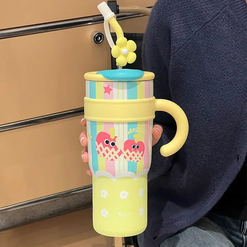 Tumbler with Handle Lid Straw Cute Cat Thermos Cup Stainless Steel Water Bottle Outdoor Travel Coffee Mug Gift Large Capacity Peaceful Pleasures Health and Wellness YELLOW 1200ml