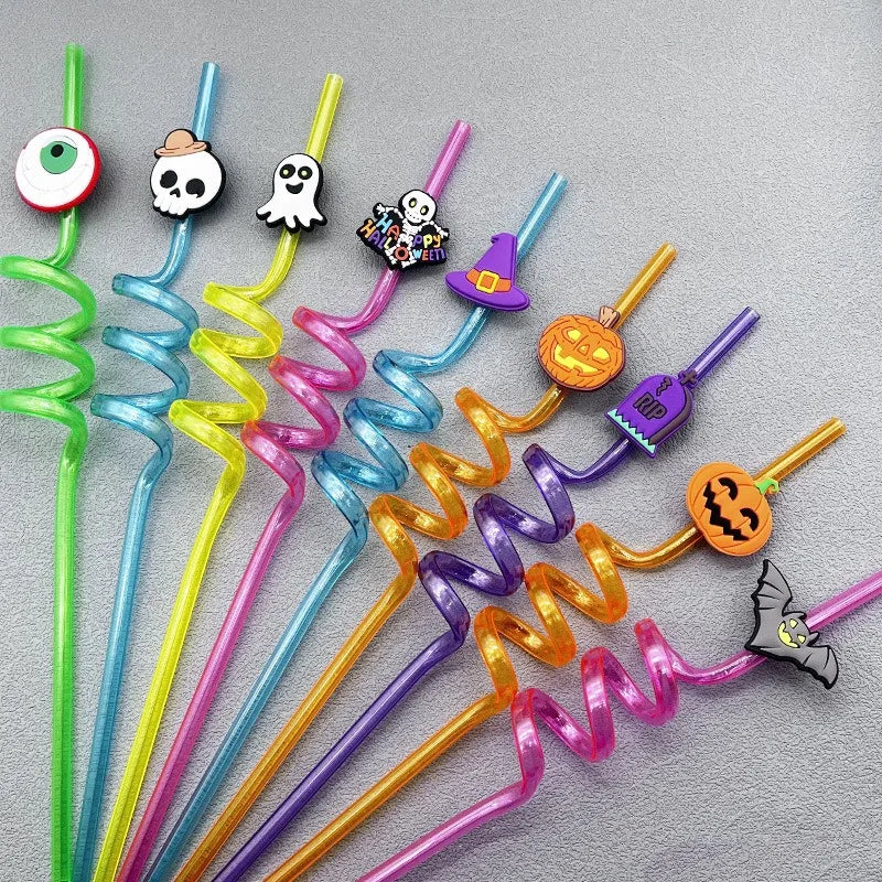 8pcs Halloween Straw Reusable Pumpkin Spiral Plastic Straw Kids Baby Birthday Party Decorations Supplies Drinking Straws Peaceful Pleasures Health and Wellness