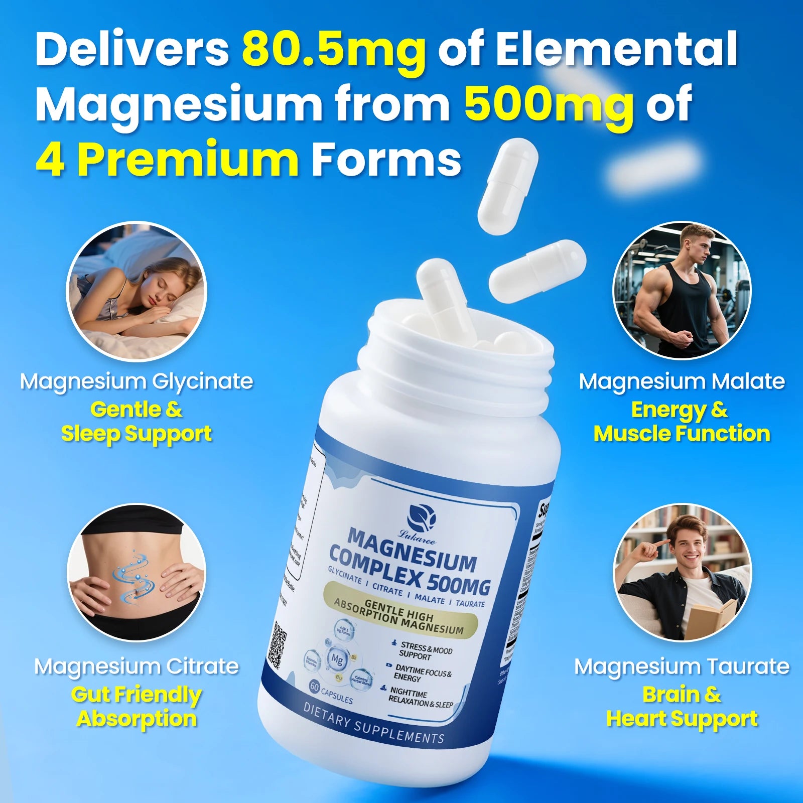 Lukaree 4-in-1 Magnesium Complex 500mg – Rest, Energy & Mood Support Dietary Supplement Peaceful Pleasures Health and Wellness