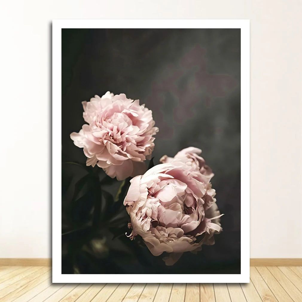 Pink Peony Floral Girl Footprints Canvas Wall Art Unframed