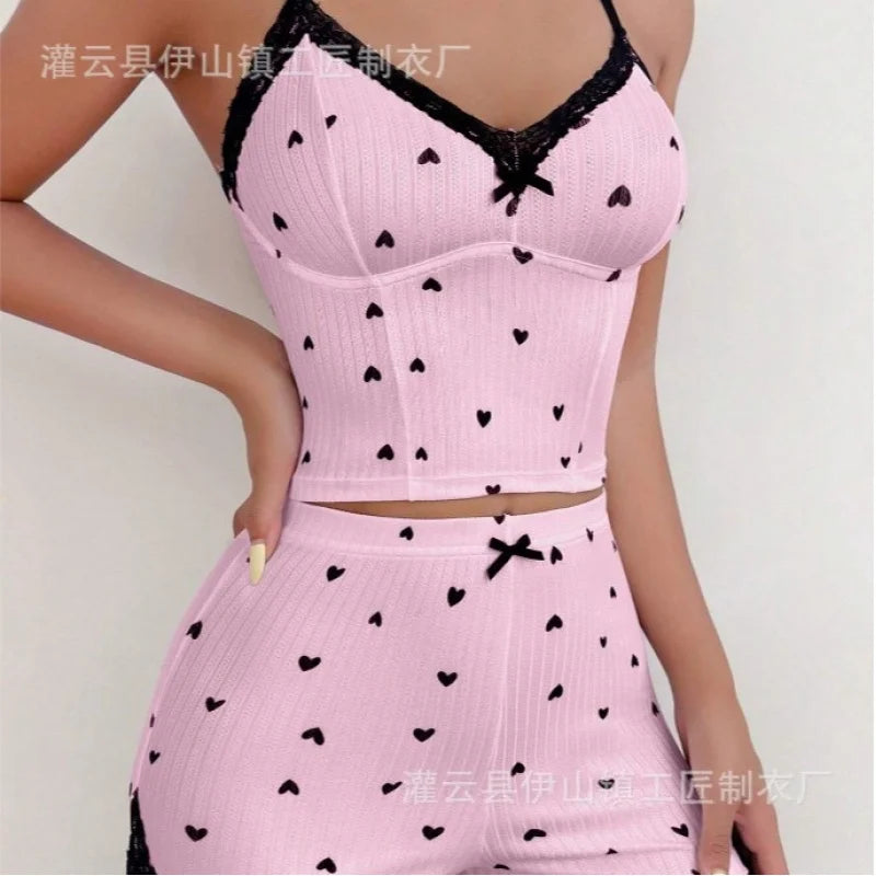 Cross-border casual lace trim bowknot suspender shorts women's thin home wear set European and American new style Peaceful Pleasures Health and Wellness