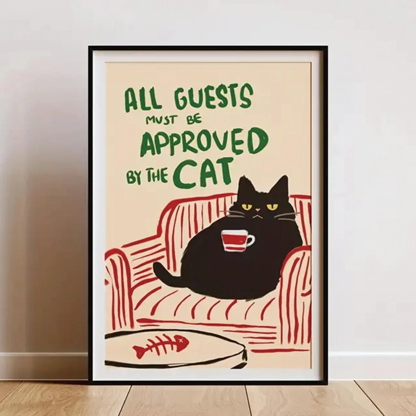 1pc "All Guests Must Be Approved By The Cat" Poster Humorous Wall For Cat Lovers, For Home Office, Bed Living Bathroom Decor Peaceful Pleasures Health and Wellness G2977 21x30cm White Framed
