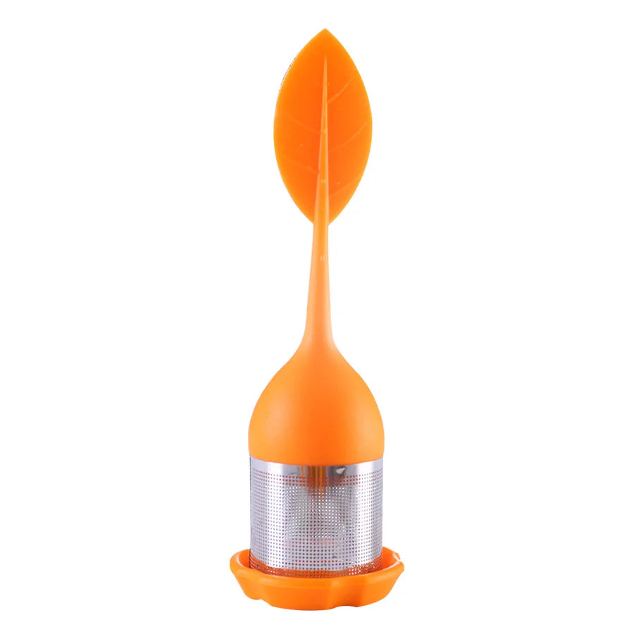 Tea Infuser - Stainless Steel Fine Mesh Tea Filter with BPA-Free Silicone Leaf Handle and Drip Tray for all Loose Leaf Tea Peaceful Pleasures Health and Wellness Orange