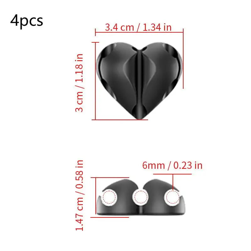 Self Adhesive Silicone Heart Shaped Cable Organizer 4PCS USB Charging Desk Clip Holder Home Office Wire Holder Clip Peaceful Pleasures Health and Wellness Black