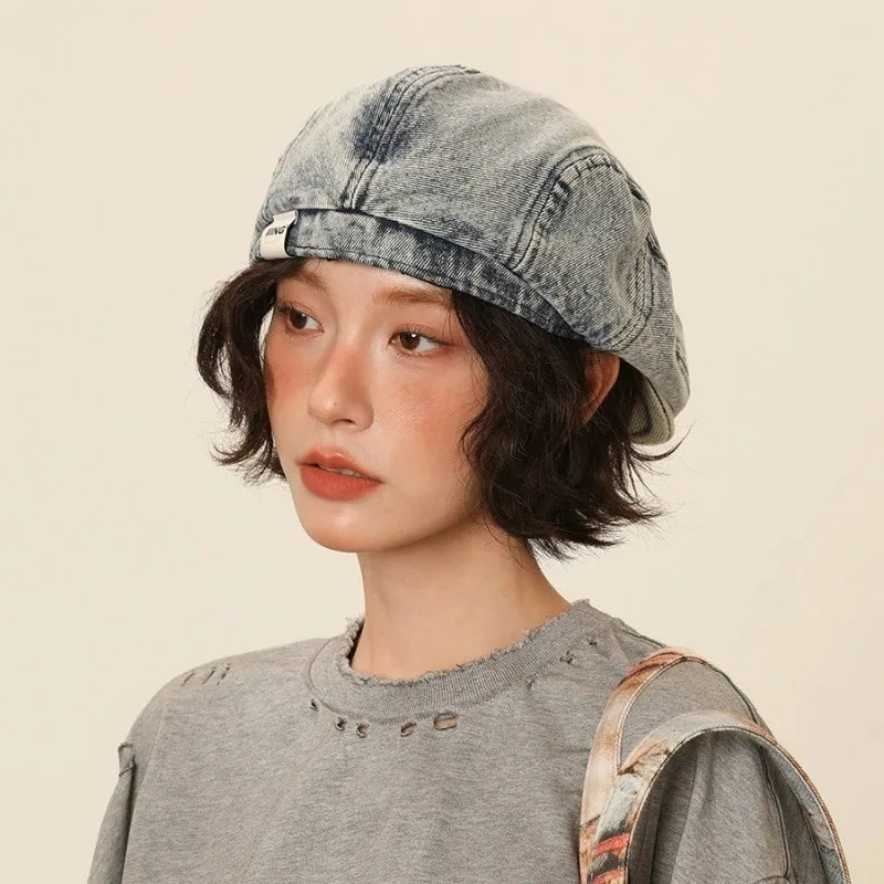 Women's Retro Washed Denim Beret | Cotton Forward Hat