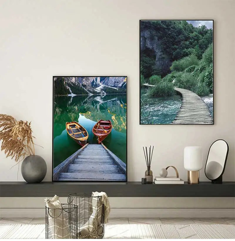 Nordic Boat Lake Mountain Canvas Wall Art | Scandinavian Print
