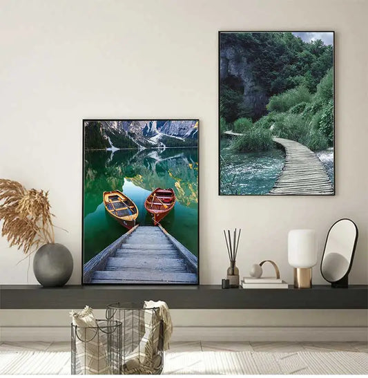 Nordic Boat Lake Mountain Canvas Wall Art | Scandinavian Print Canvas Wall Art Peaceful Pleasures Health and Wellness