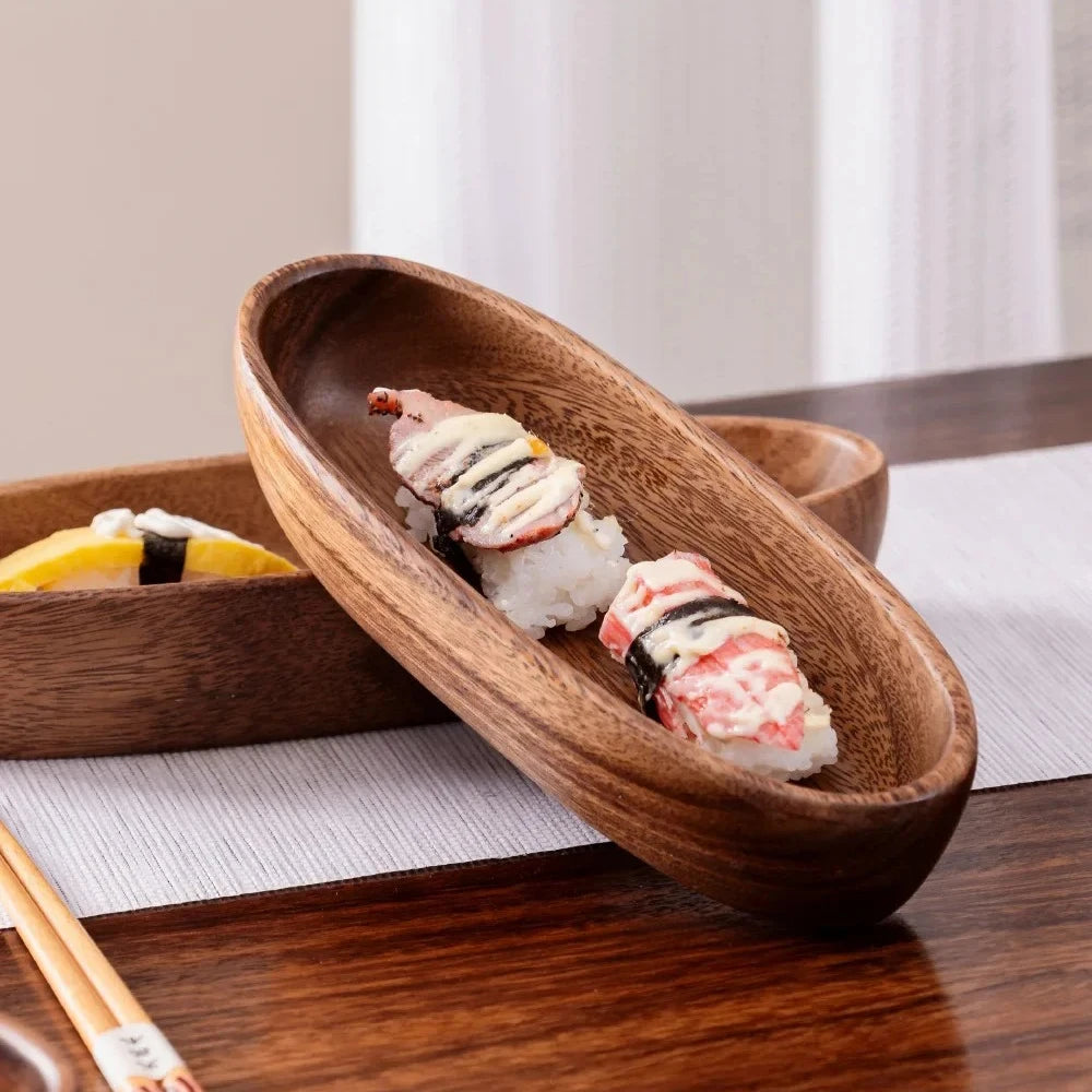Solid Walnut Wood Boat-Shaped Serving Bowl & Fruit Plate | Premium Dry Fruit, Sushi, Nut & Tea Tray