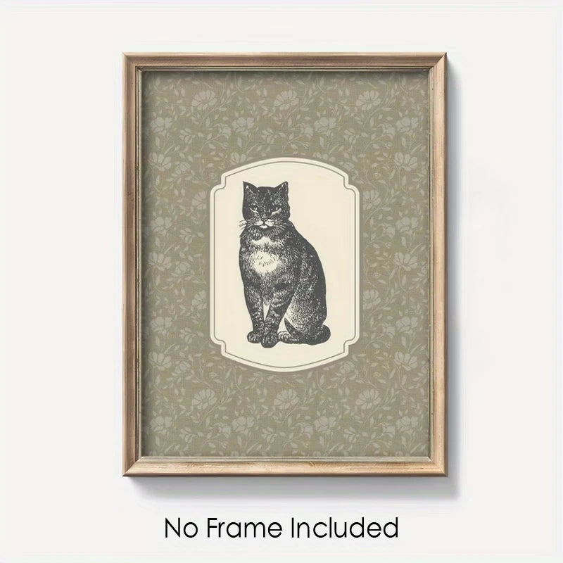 Retro Floral Cat Canvas Wall Art Print | Home Décor Poster