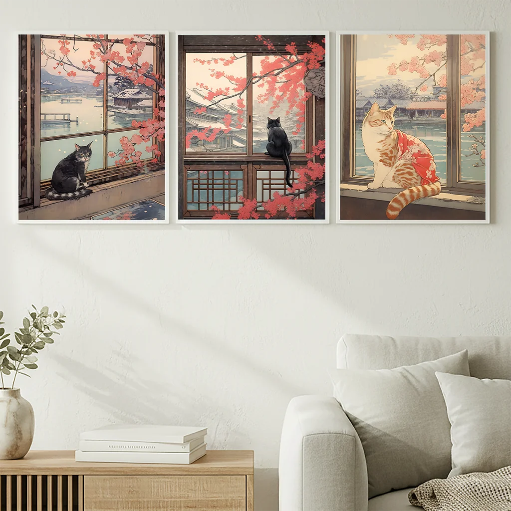 Vintage Animal Wall Art, Japanese Ukiyo-e Cherry Blossom Canvas Painting, Aesthetic Poster Print for Bedroom Living Room Decor Peaceful Pleasures Health and Wellness