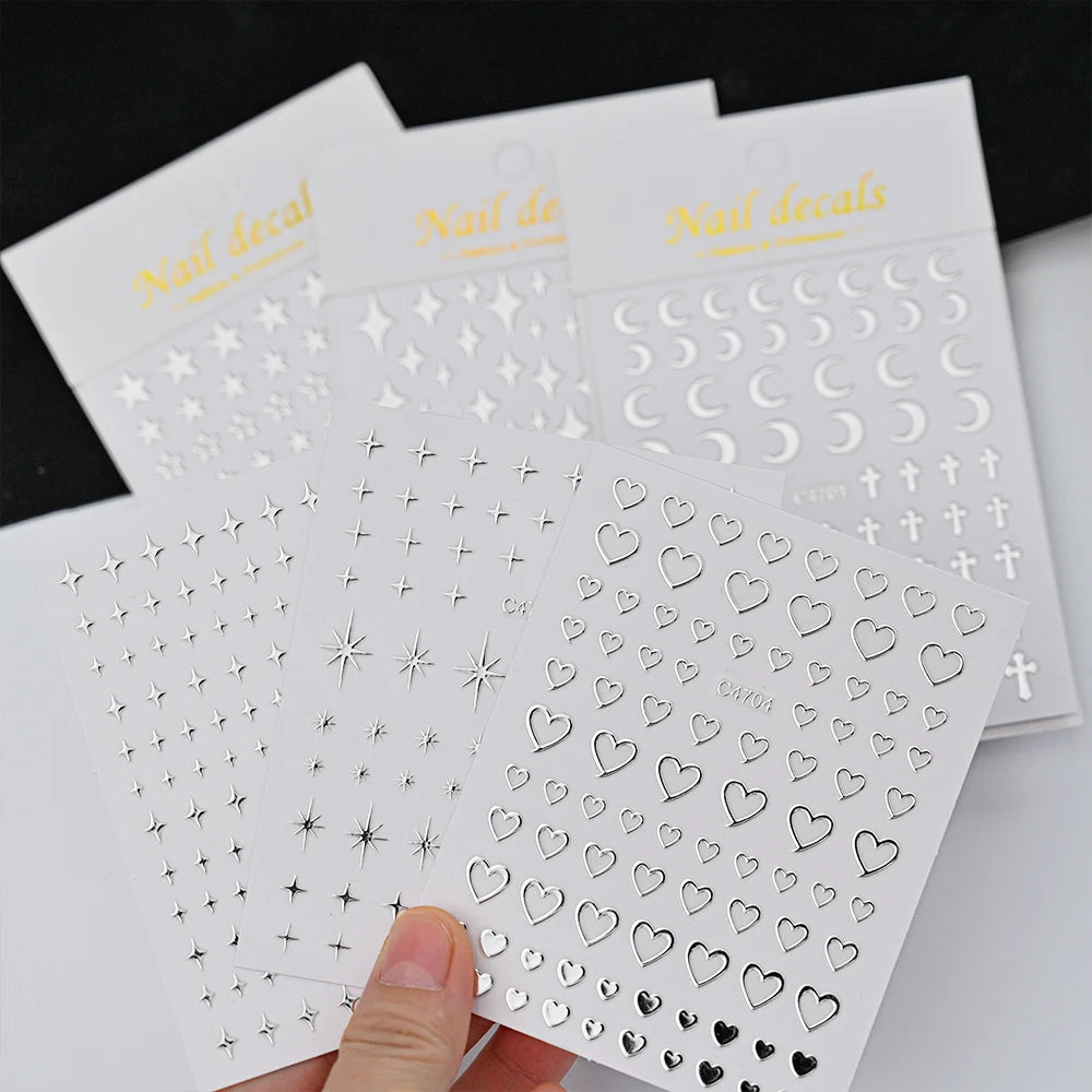 3D Silver Nail Art Stickers – Stars, Hearts & Chain Decals
