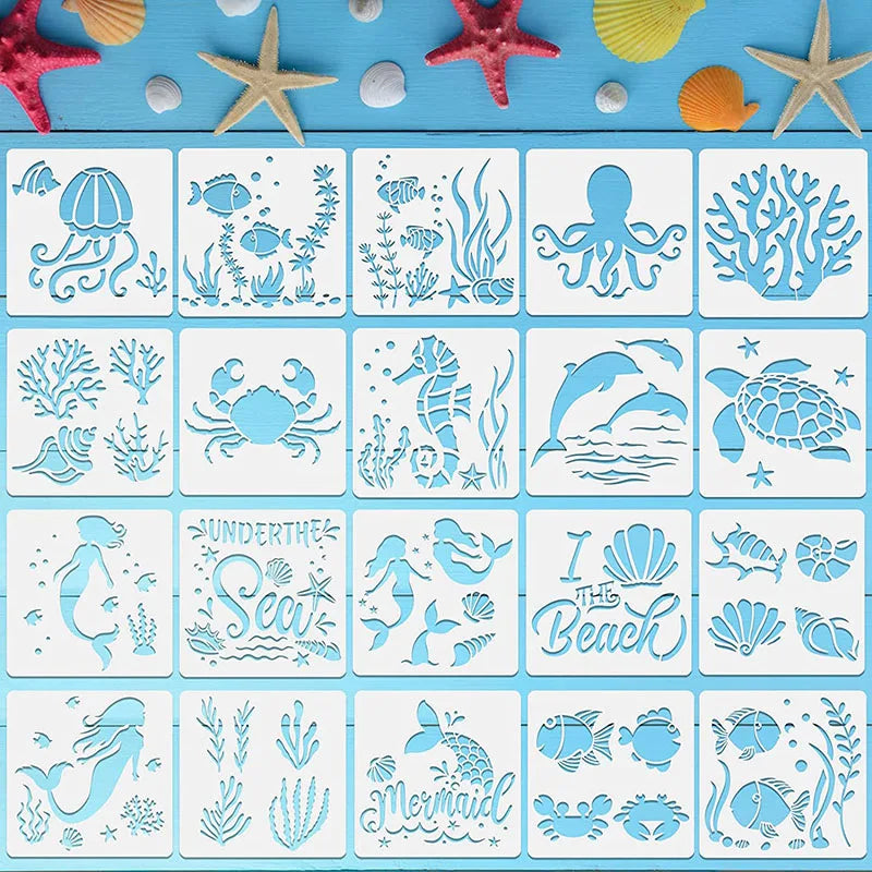 Reusable Sea Ocean Creatures Painting Stencils Kids Drawing Boards