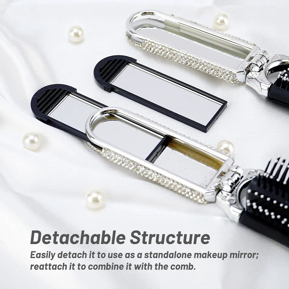Crystal Foldable Hair Brush with Mirror – Compact Pocket Size