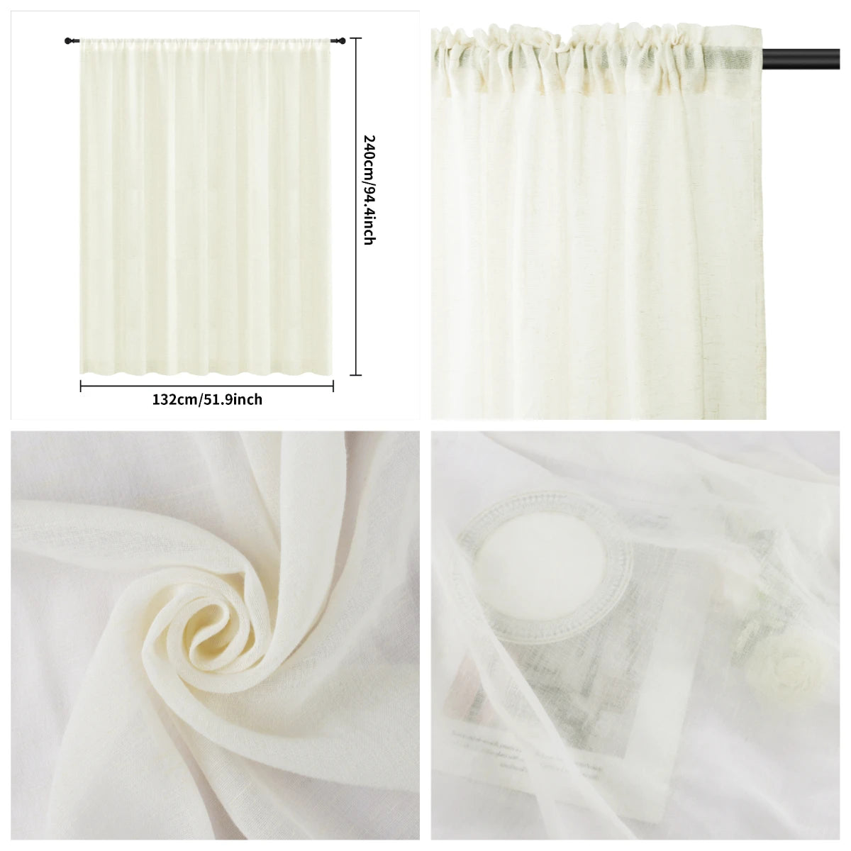 2 Panels Linen Sheer Curtains for Bedroom Beige Curtains 114/160/183/216/240/274CM Length Natural Flax Blend Window Draperies Peaceful Pleasures Health and Wellness