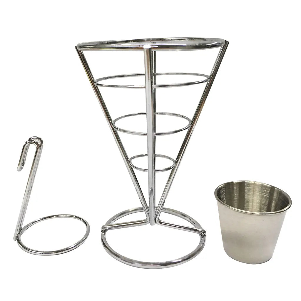 Stainless Steel French Fry Cone Stand with Dip Bowls